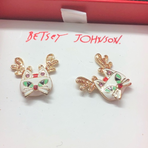 Betsey‎ Johnson pink gemstone cat reindeer earrings new - Picture 8 of 8